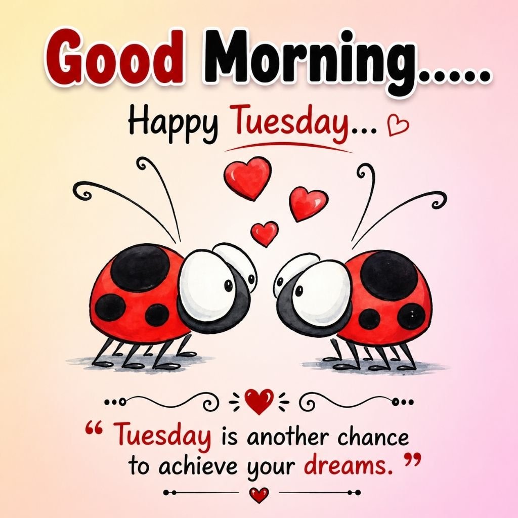 happy tuesday image of two adorable ladybugs with hearts