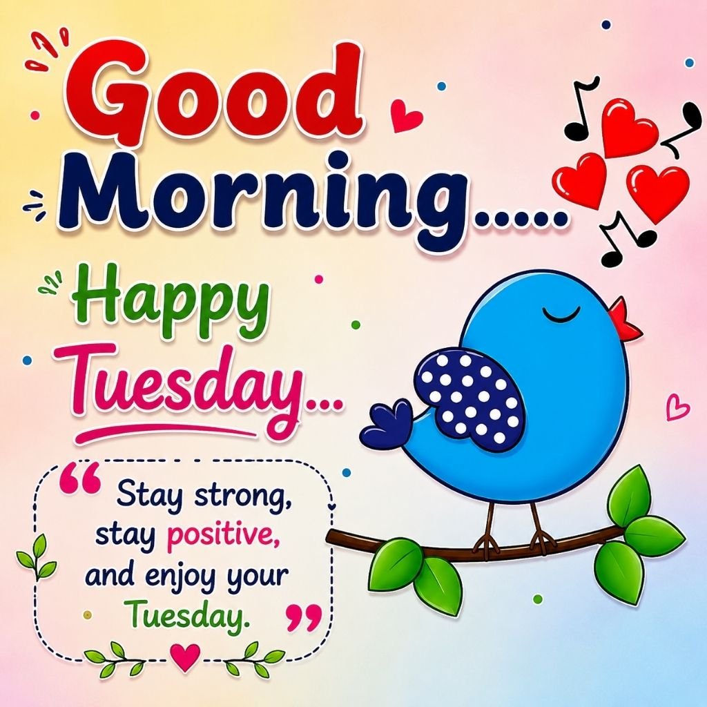 happy tuesday image with a cute blue bird singing on a branch 