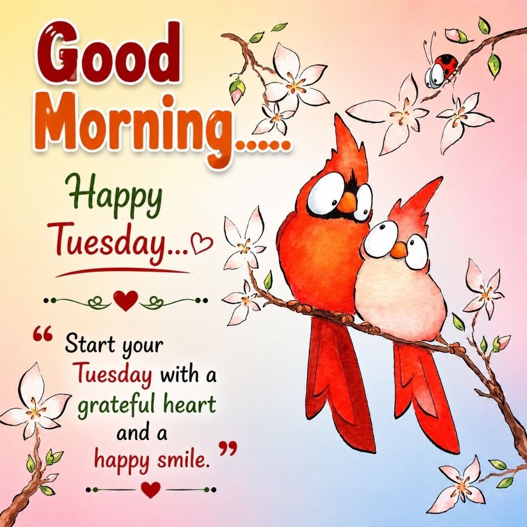happy tuesday image with adorable red birds on a flowering branch