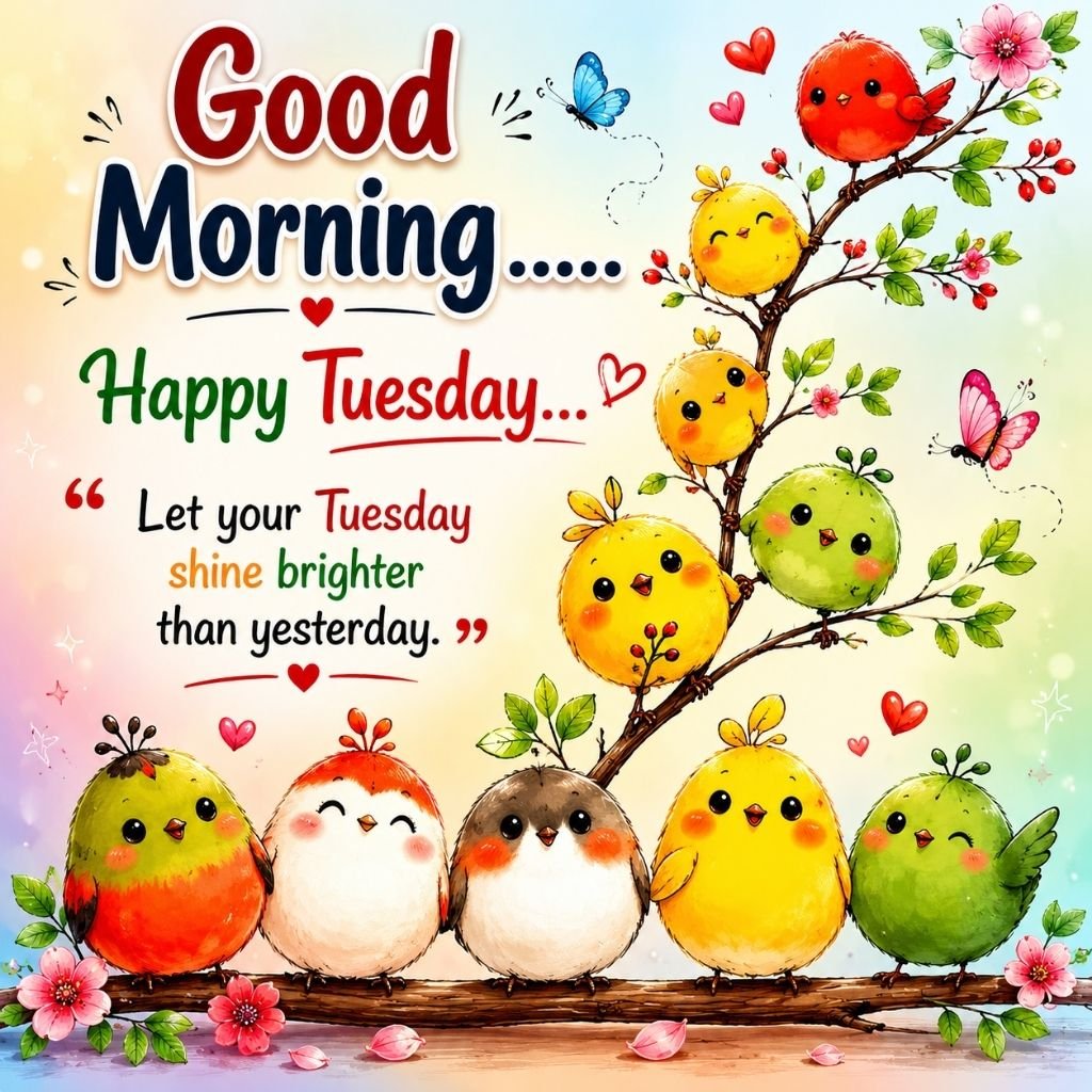 happy tuesday image with colorful birds on tree branches 