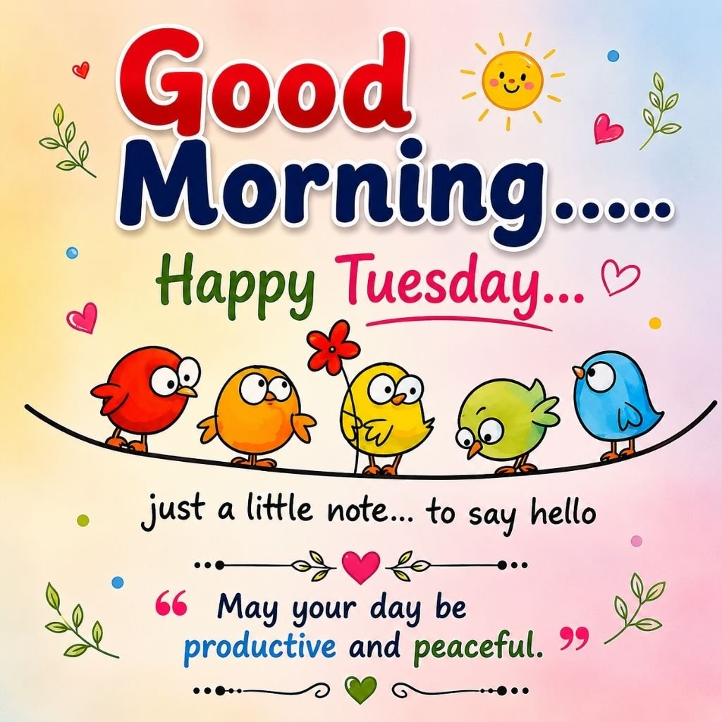happy tuesday image with colorful cartoon birds on a wire