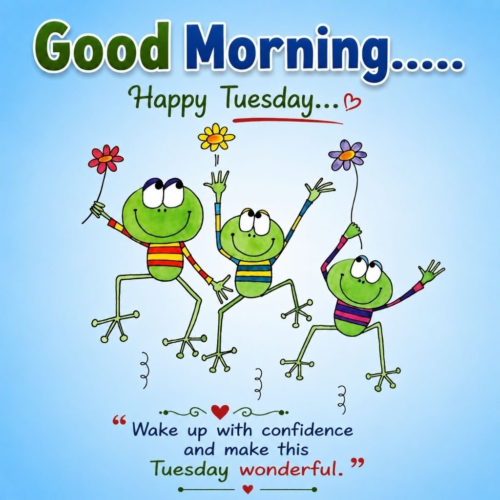 happy tuesday image with three happy cartoon frogs 