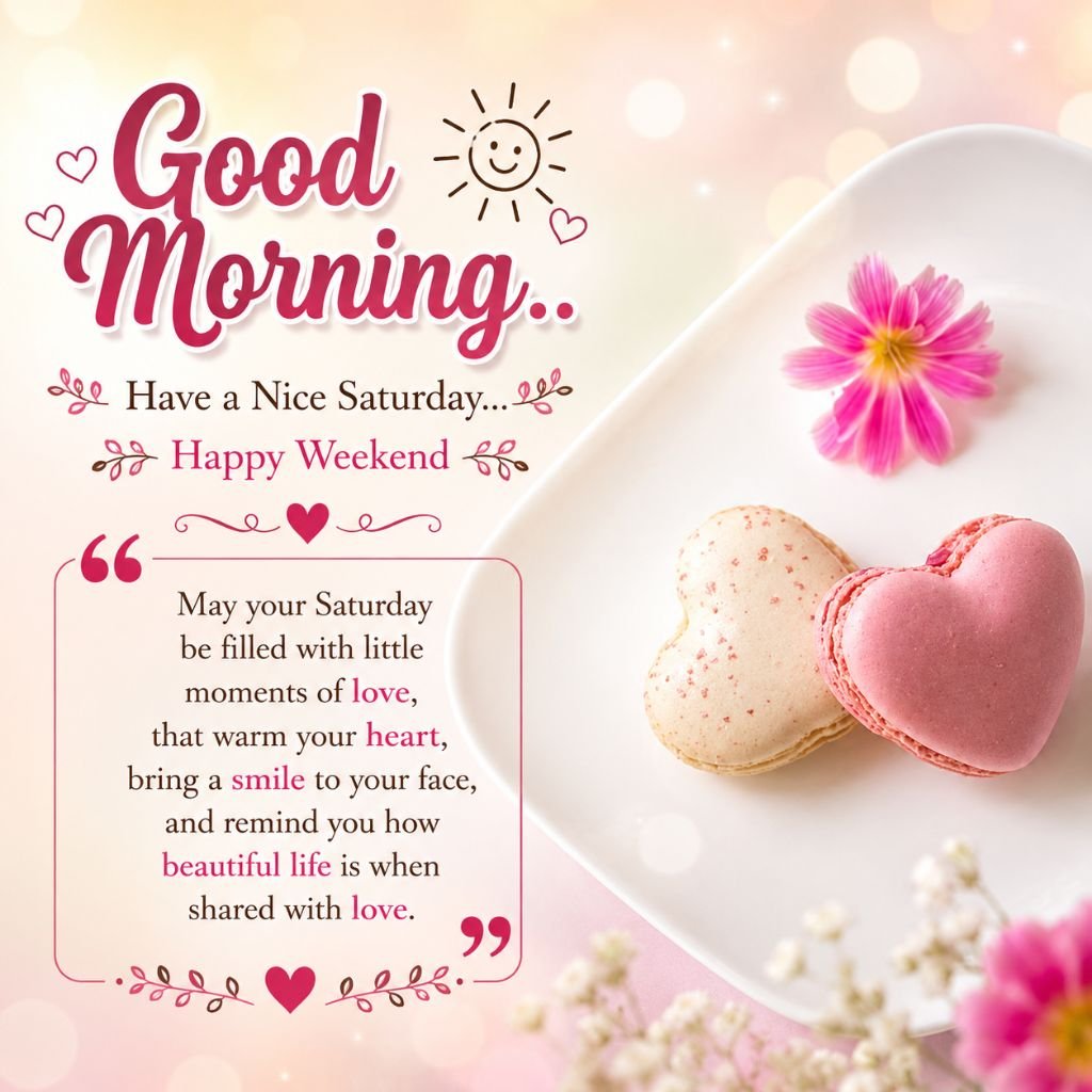heart-shaped pink macarons saturday blessings quote