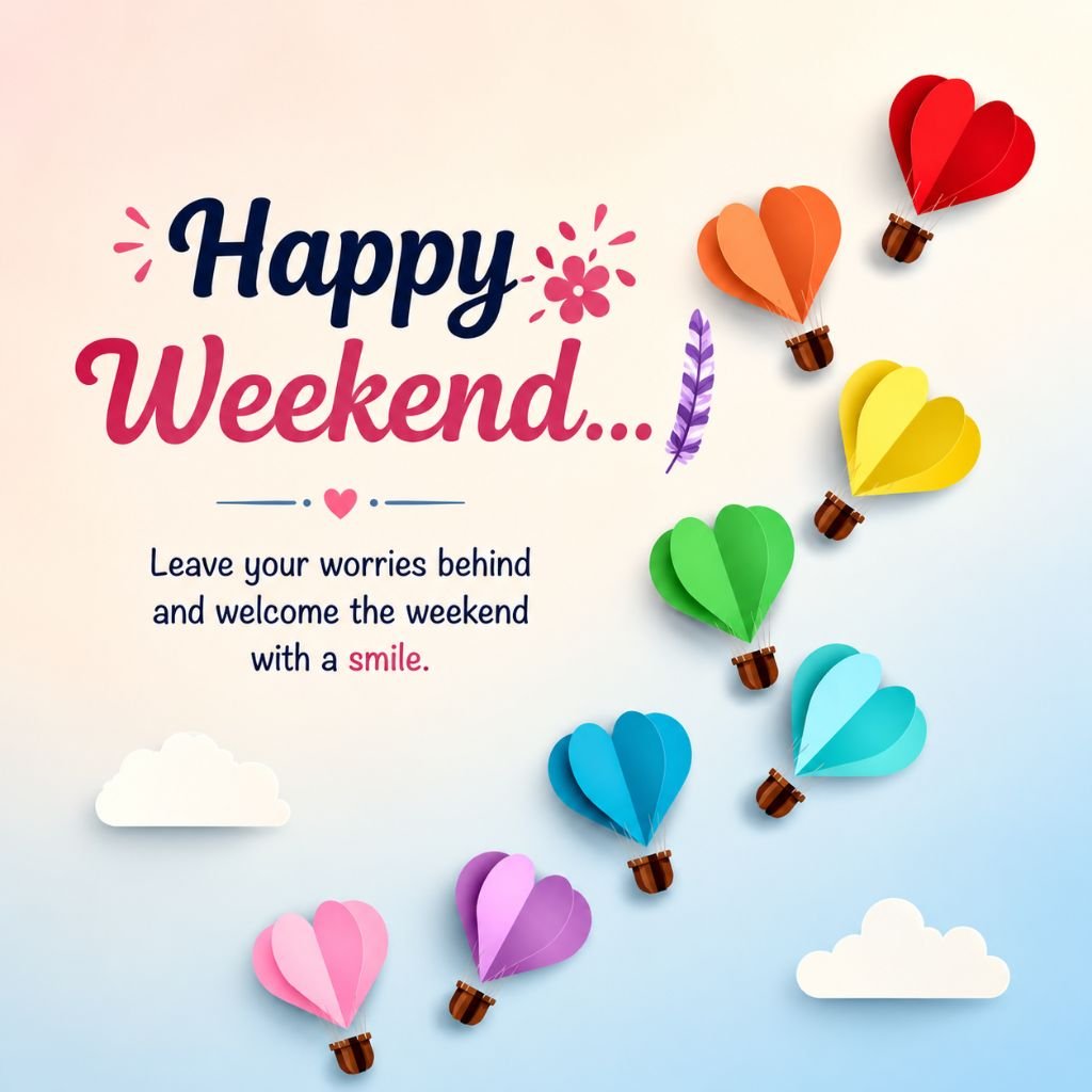 hot air balloons with a Happy Weekend message
