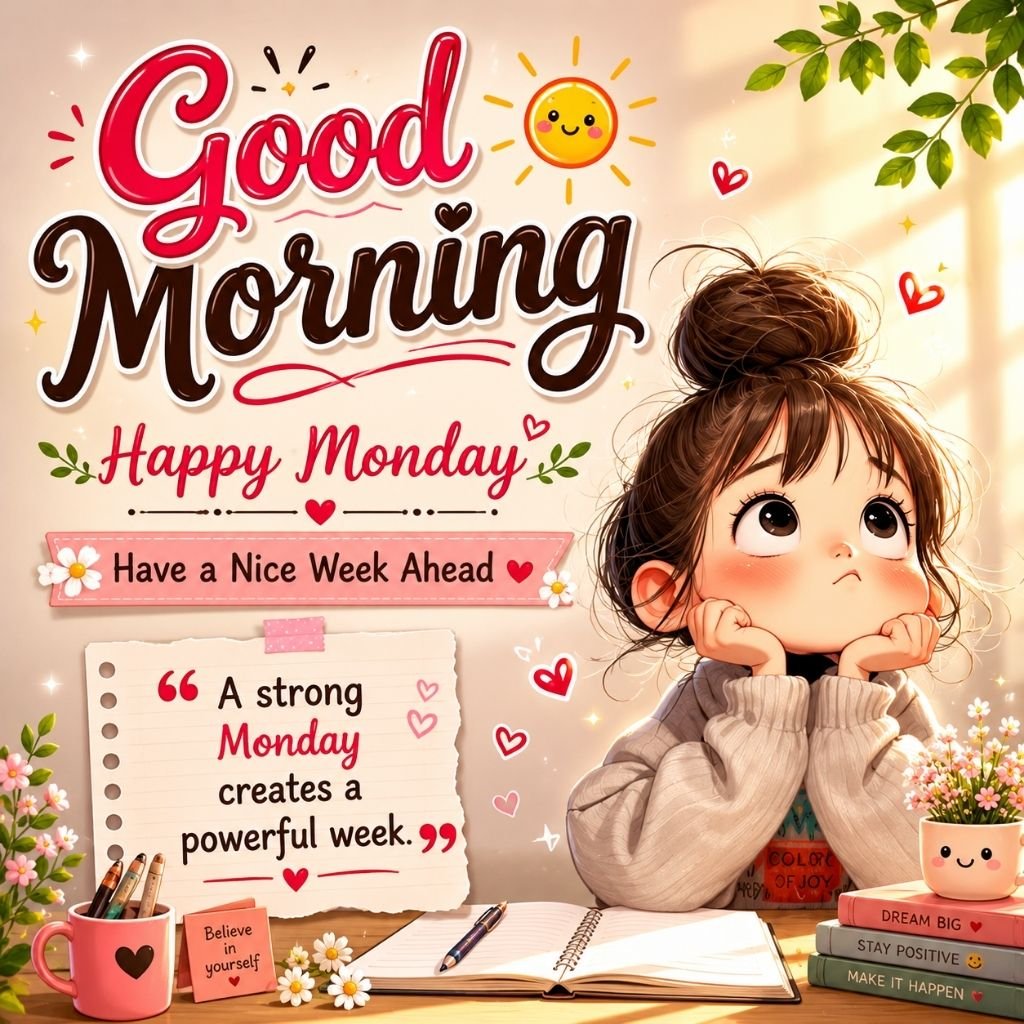 monday image with a cute girl, study desk, flowers