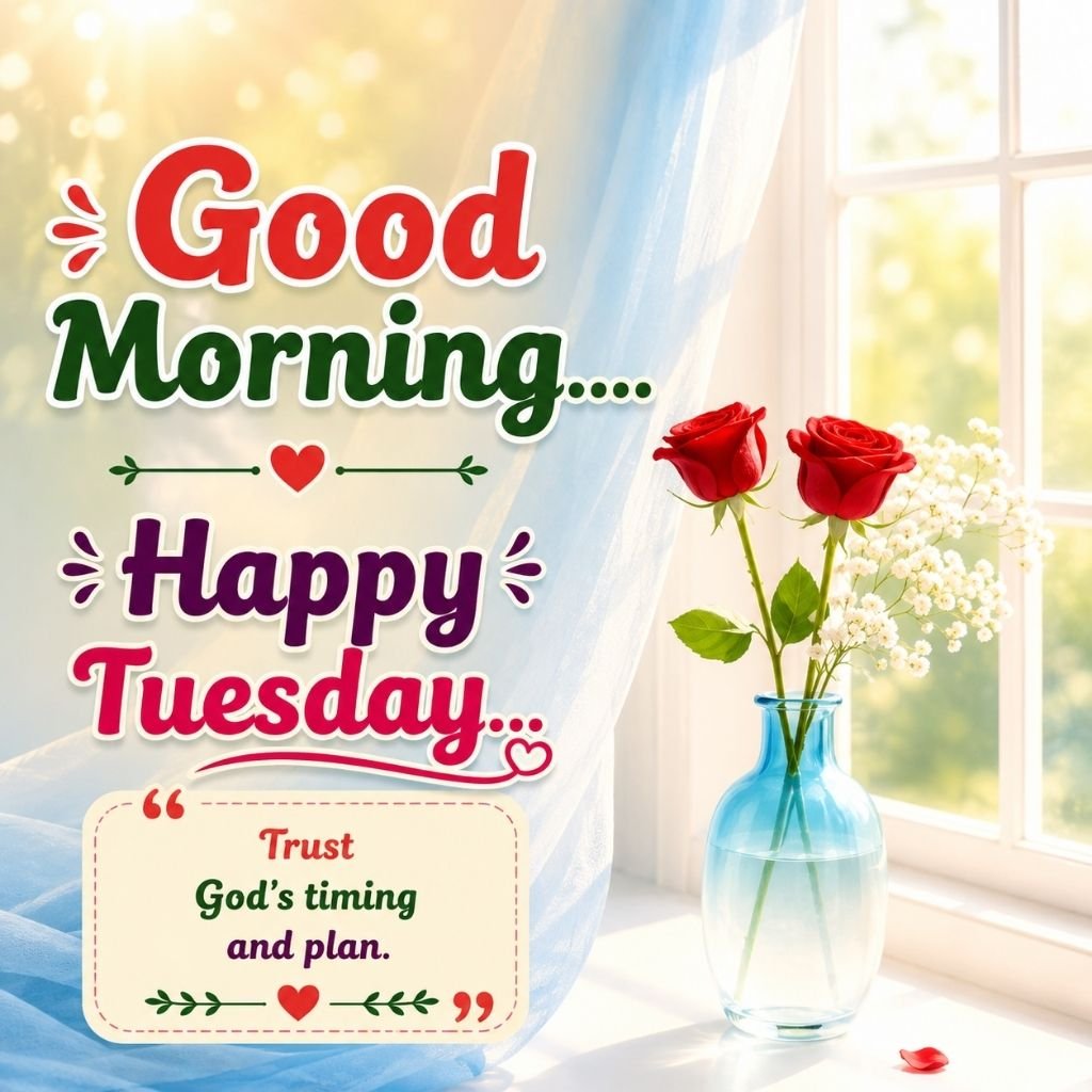 red roses in a blue glass vase with happy tuesday quotes