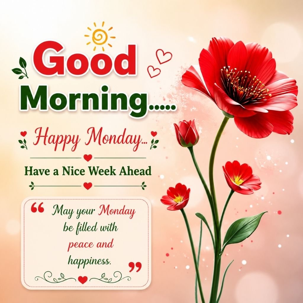 rewrite in small letters Happy Monday image with red flowers