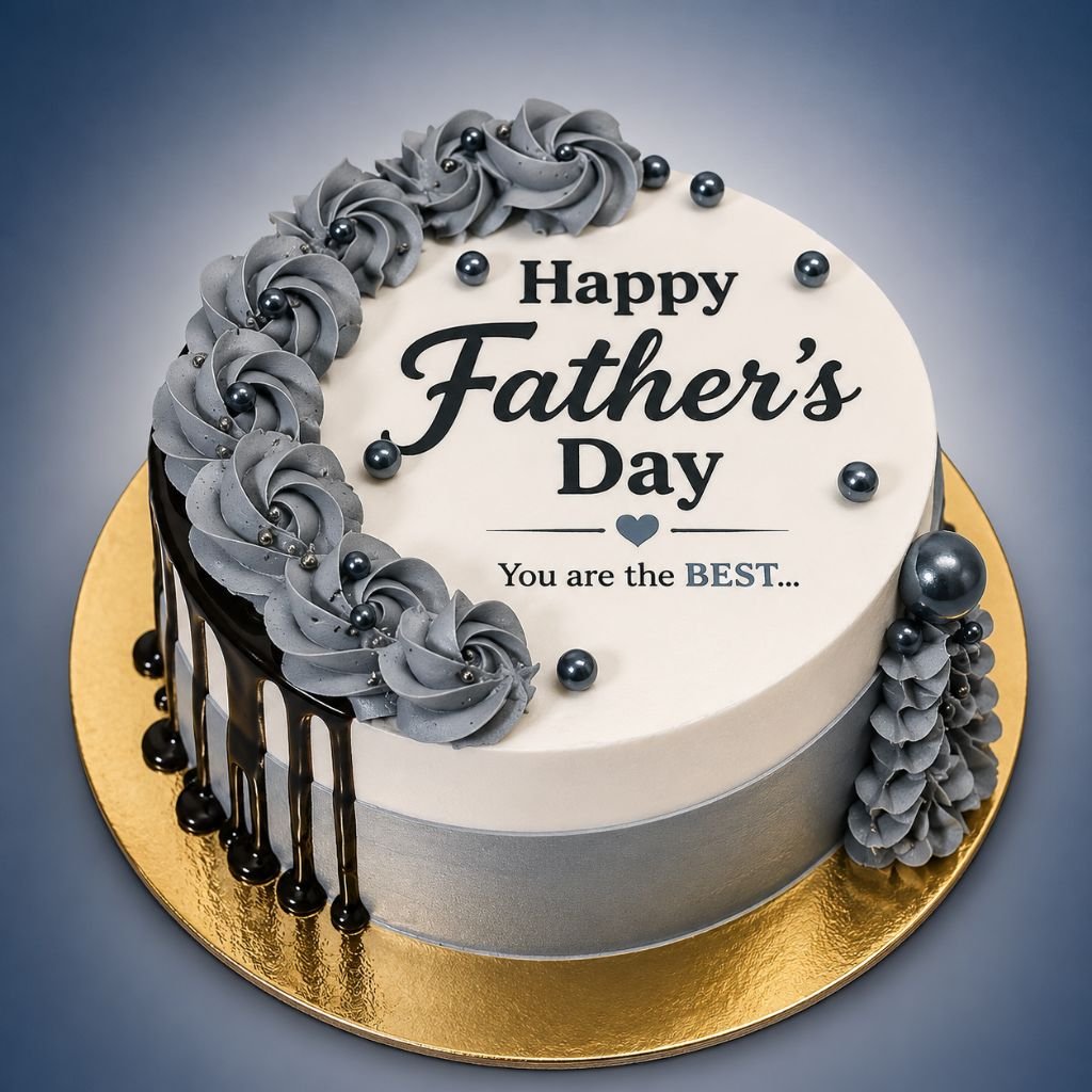 silver and gray floral Happy Fathers Day cake