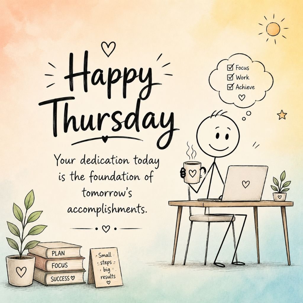 stick figure working on a laptop with coffee happy thursday motivation