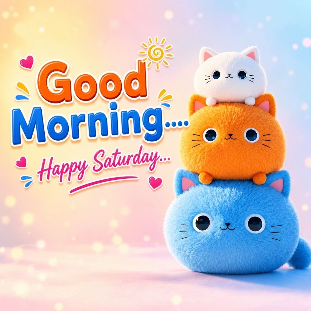  three adorable fluffy cartoon cats stacked weekend good morning saturday