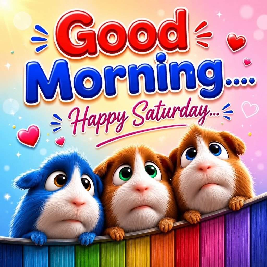 three adorable guinea pigs peeking with happy saturday wishes