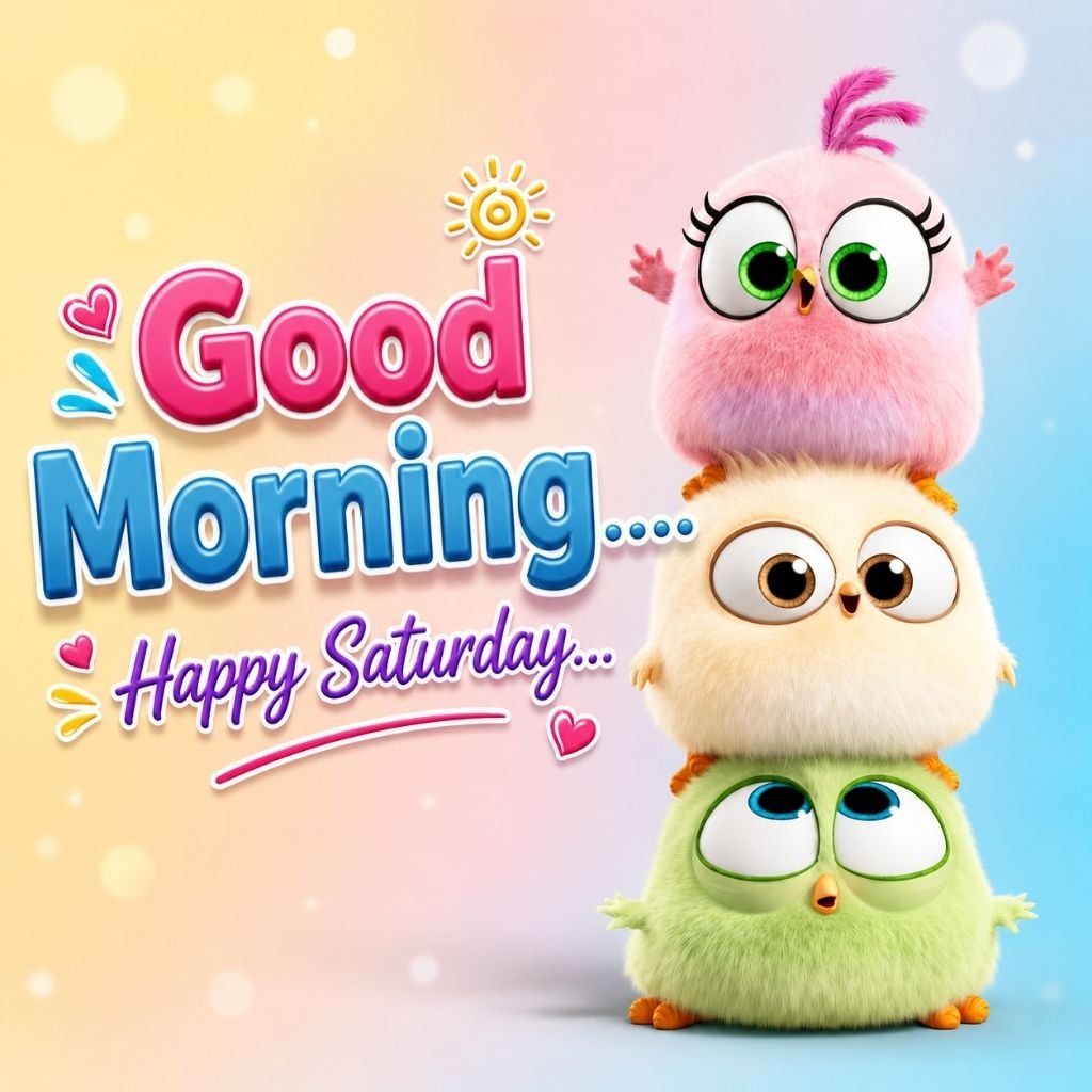 three fluffy cartoon birds stacked good morning sat images