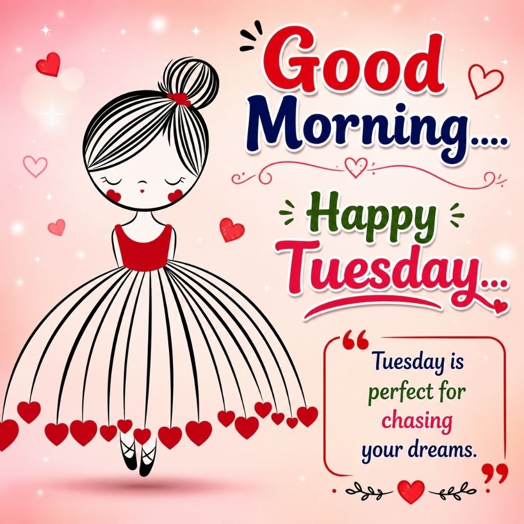tuesday image with a cute girl in a heart-themed dress