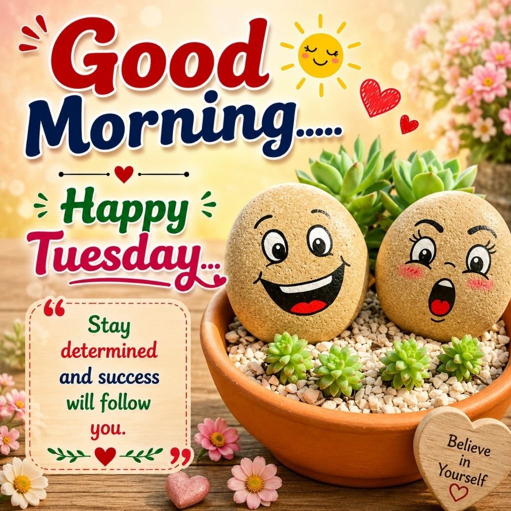 tuesday with cute smiling pebble faces