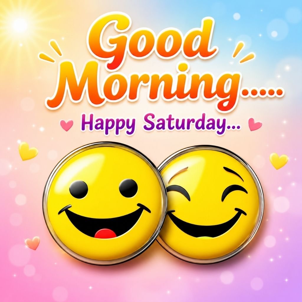 two cheerful yellow smiley emojis with happy saturday blessings