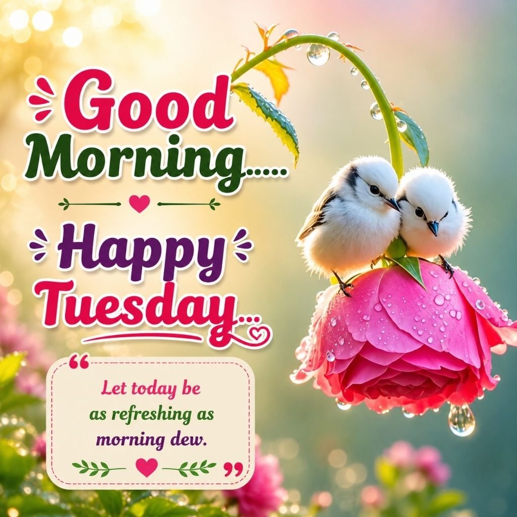 two fluffy birds sitting on a pink flower inspiration good morning tuesday