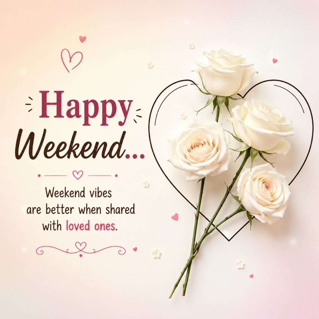 white roses inside a heart outline with a Happy Weekend message