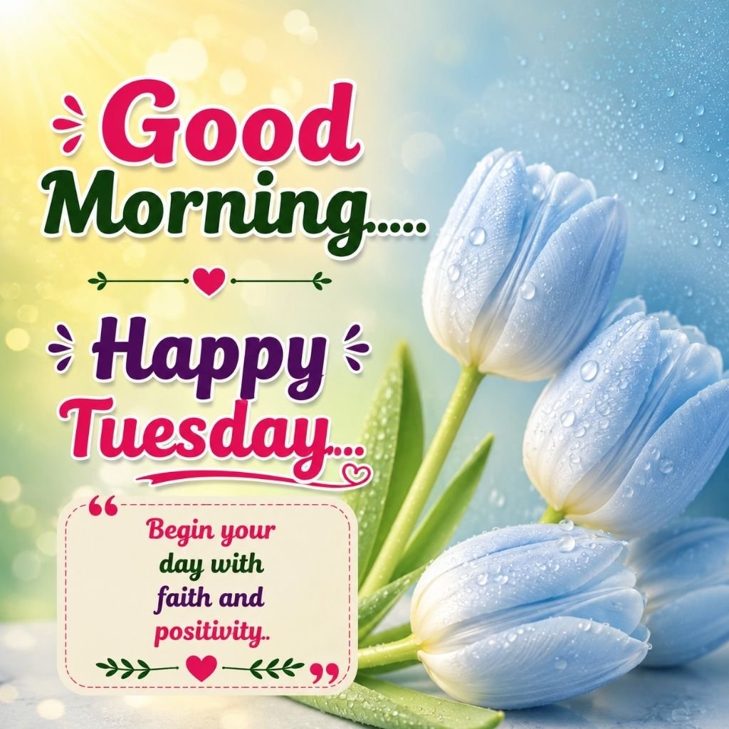 white tulips covered in dew drops with good morning tuesday images for whatsapp