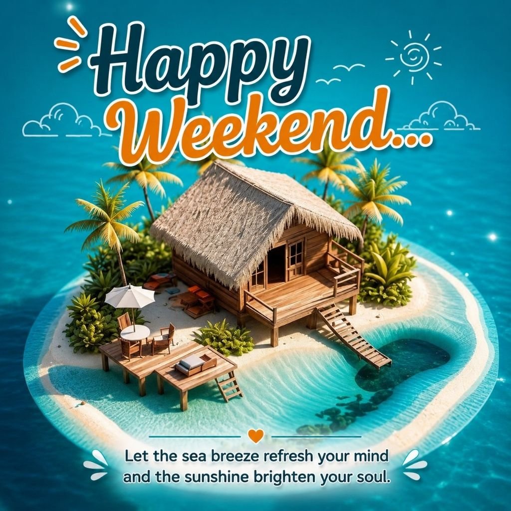 wooden beach hut, palm trees picture happy weekend