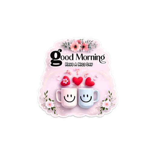 Cute Good Morning sticker with smiling coffee mugs