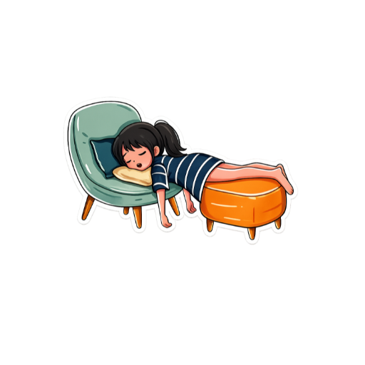 Cute cartoon girl sleeping across a cozy chair and ottoman