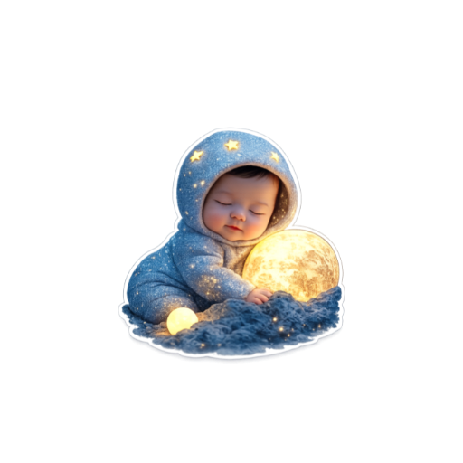 Cute sleeping baby in a blue star-pattern hoodie hugging