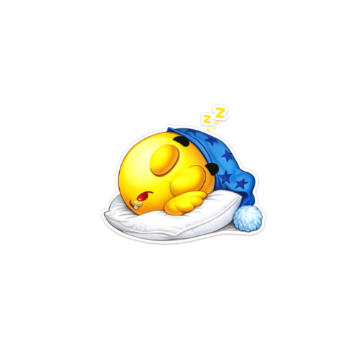 Cute sleeping emoji sticker resting on a white pillow with a blue starry nightcap