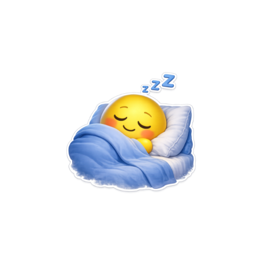 Cute sleeping emoji sticker tucked under a blue blanket
