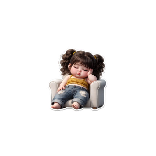 Cute sleepy little girl sticker sleeping on a cozy armchair