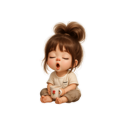 Cute yawning little girl holding a coffee mug