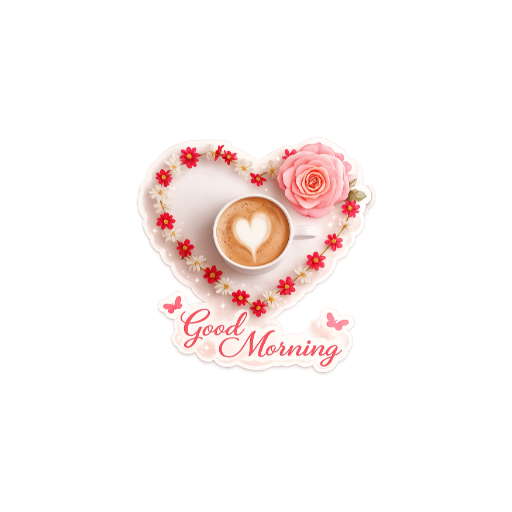 Good Morning heart-shaped floral coffee sticker