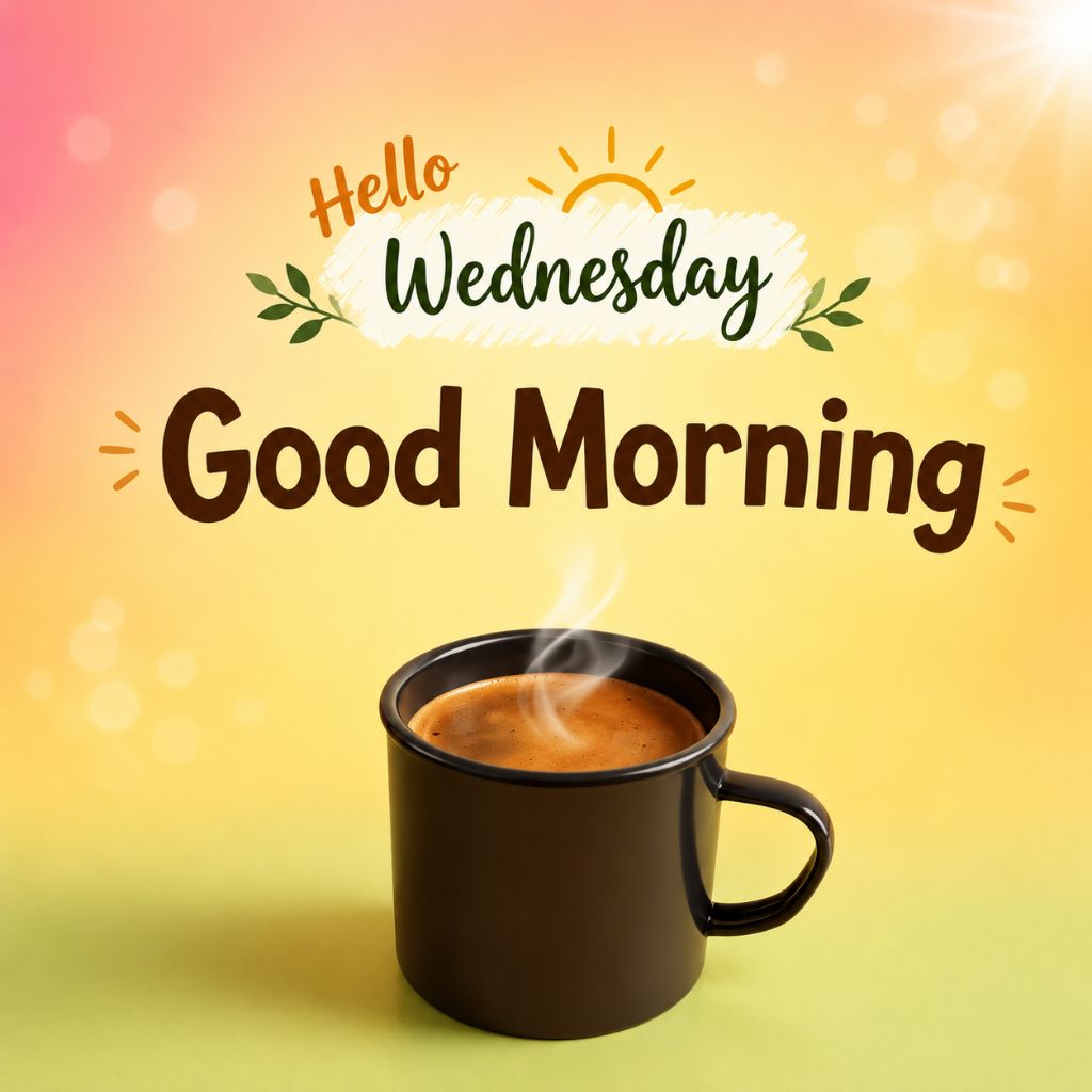 good morning and happy wednesday with a steaming coffee mug