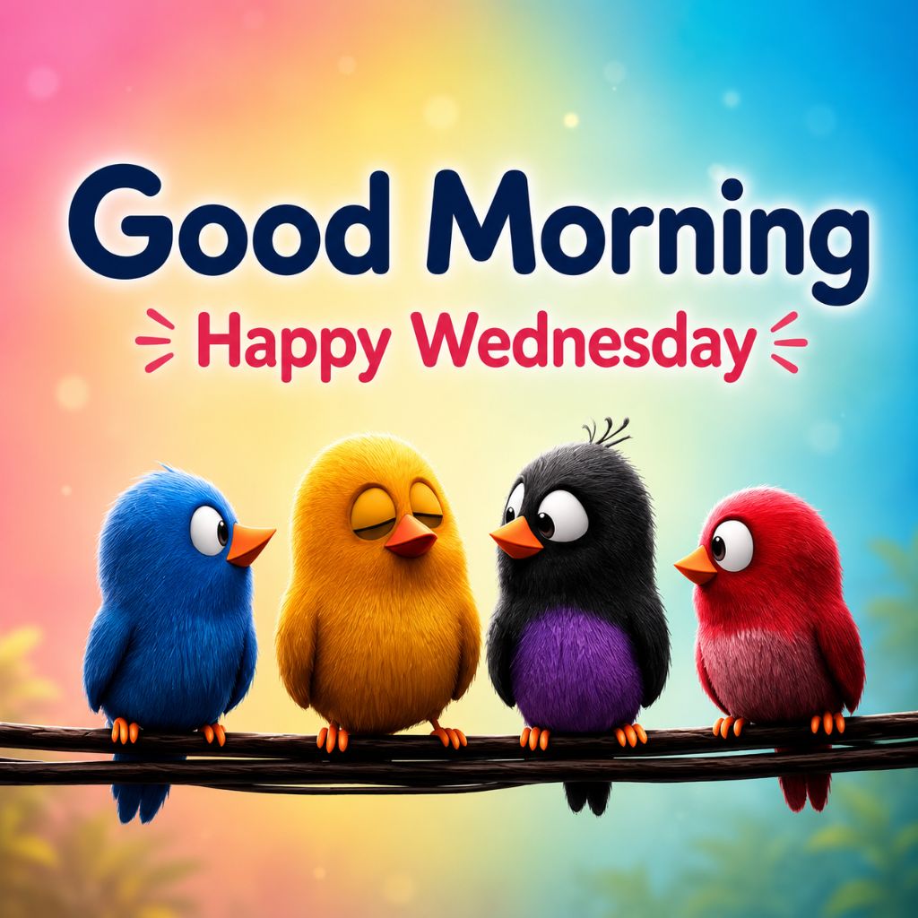 good morning blessed wednesday four colorful cartoon birds sitting on a branch
