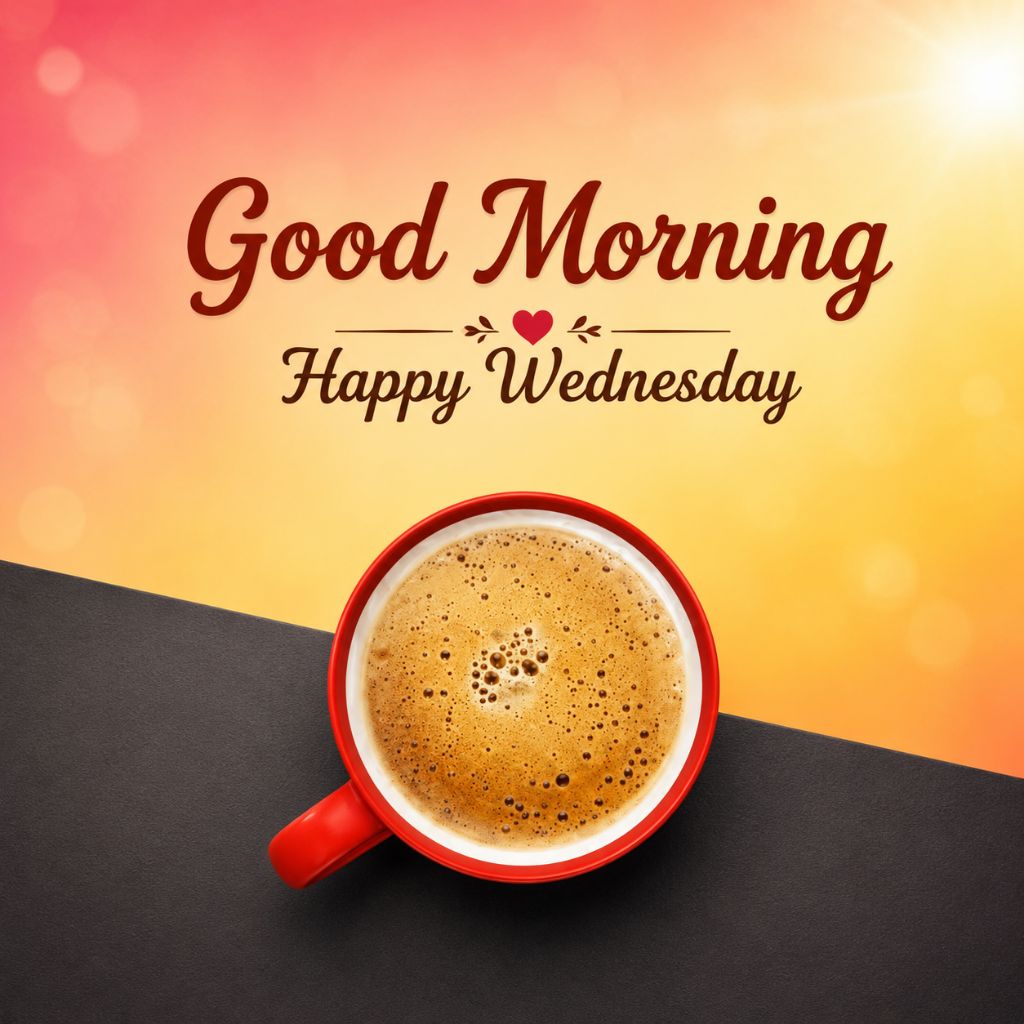 good morning happy wednesday images with a red coffee cup