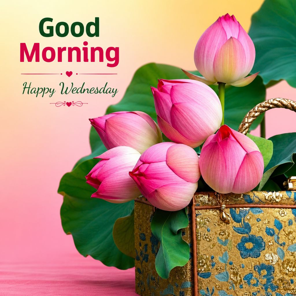 good morning happy wednesday of fresh pink lotus flowers