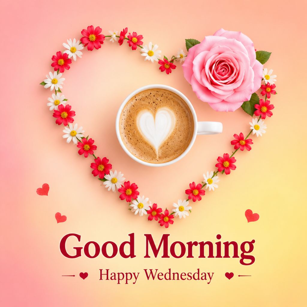 good morning images wednesday​ with a a heart-shaped floral wreath