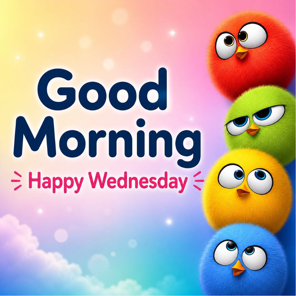 good morning wednesday pictures with four colorful cartoon birds