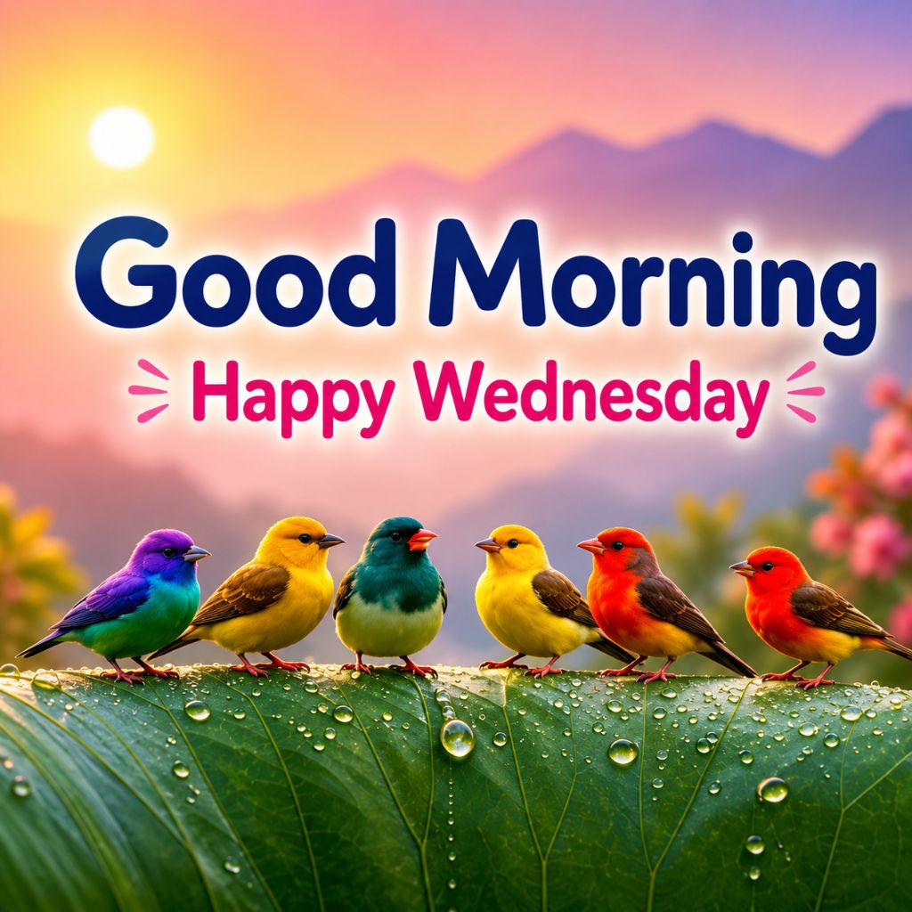 good morning wednesday​ with colorful birds perched on a dew-covered leaf at sunrise