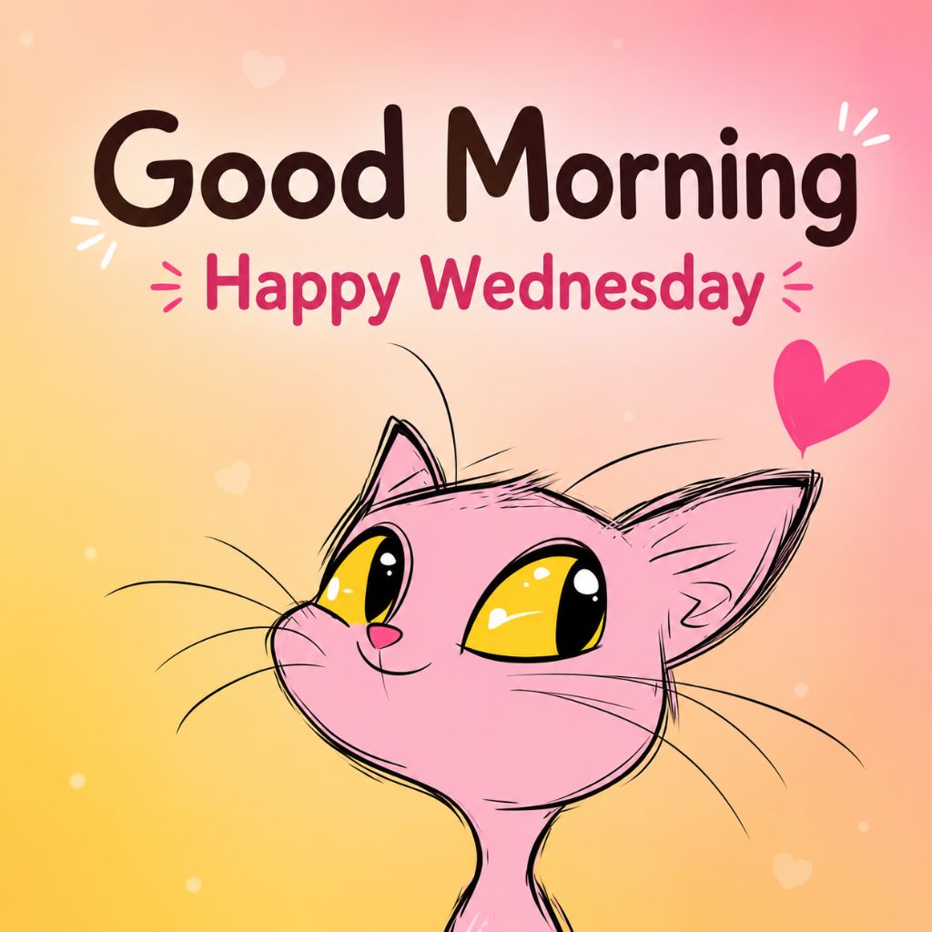 happy wednesday good morning with a pink cartoon cat