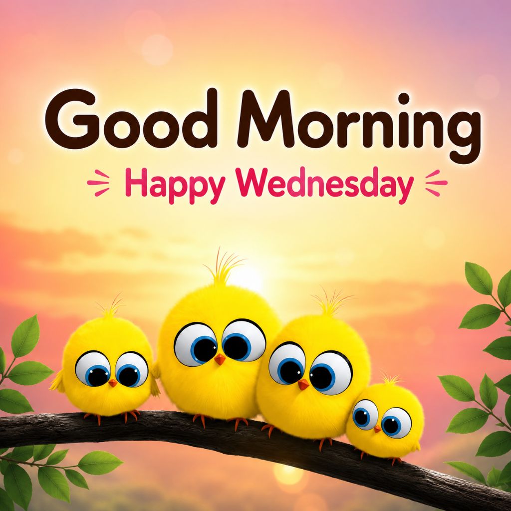 wednesday good morning images with four adorable yellow chicks sitting on a tree branch